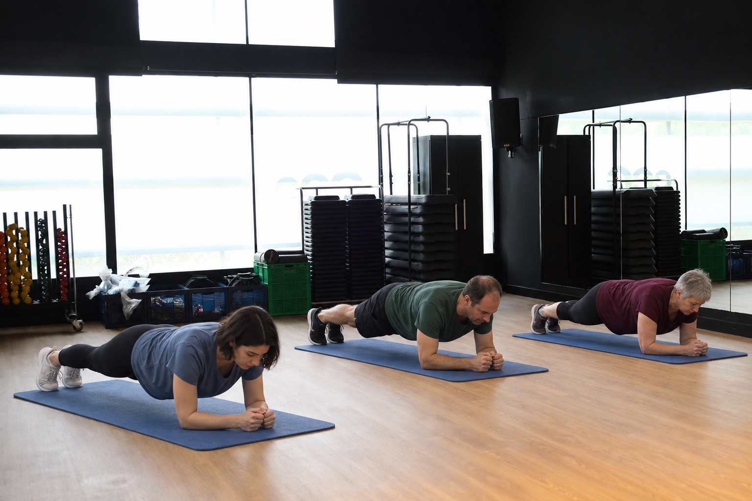 Participants fent planxes sobre els avantbraços en una sessió de Fit-Pilates