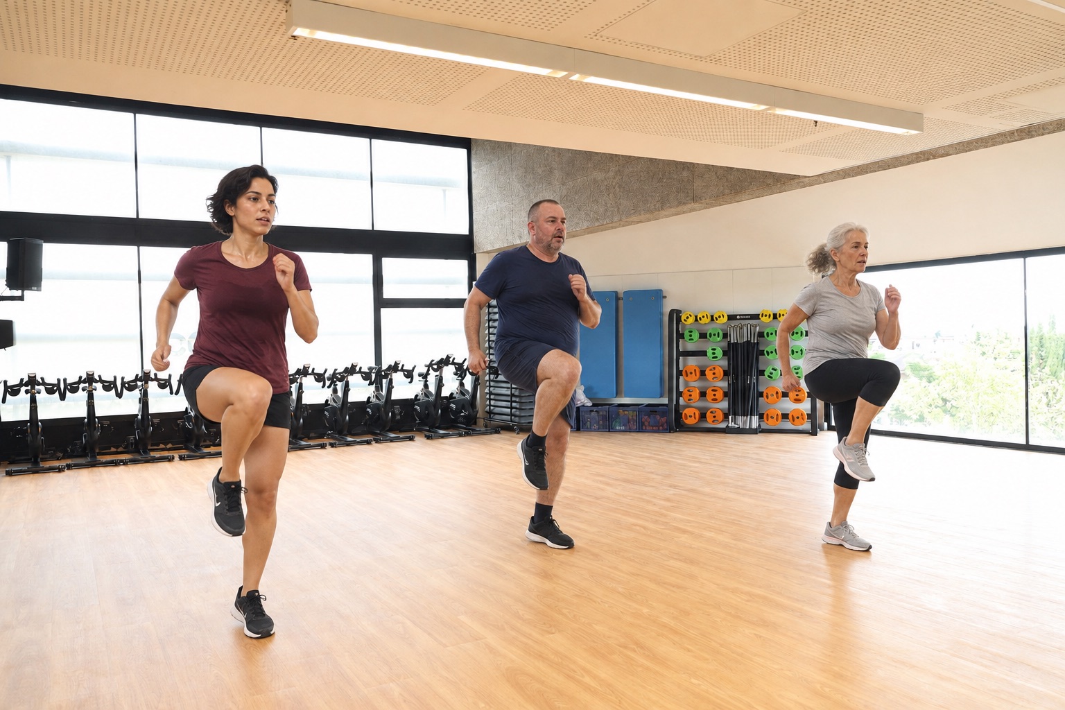 Participants fent un exercici cardiovascular de genolls amunt